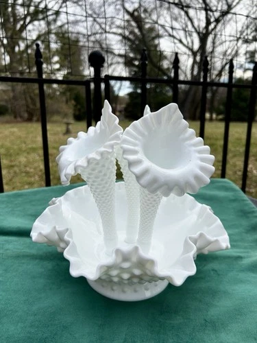 Vintage FENTON White Milk Glass Hobnail 3 Horn Trumpet Vase Epergne 10”