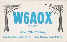 amateur ham radio QSL postcard W6AOX Allen Bud Uhrig 1968 San Dimas California