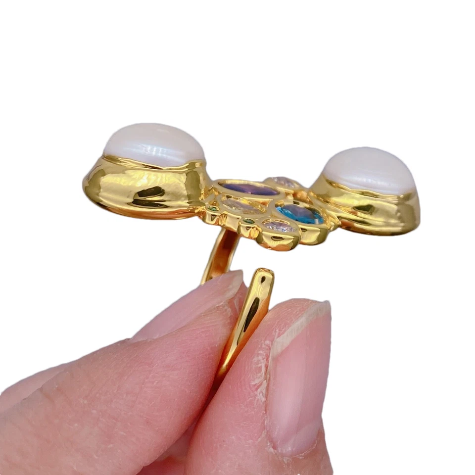 Anillos románticos para mujer de perlas naturales anillo ajustable multicolor circonita Foto 2 de 4