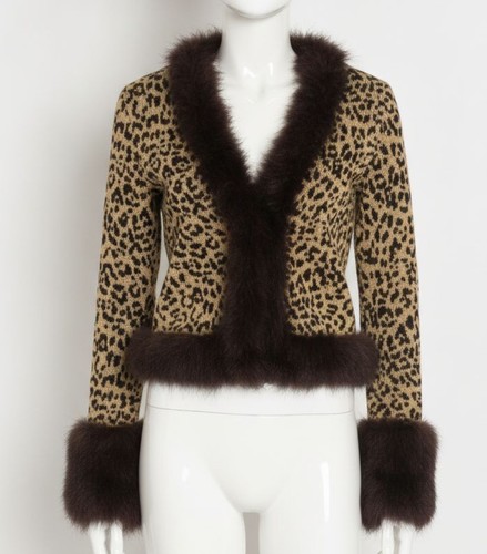 Valentino Garavani Women Brown Jacquard Animal Print Lurex Knit Jacket Size L