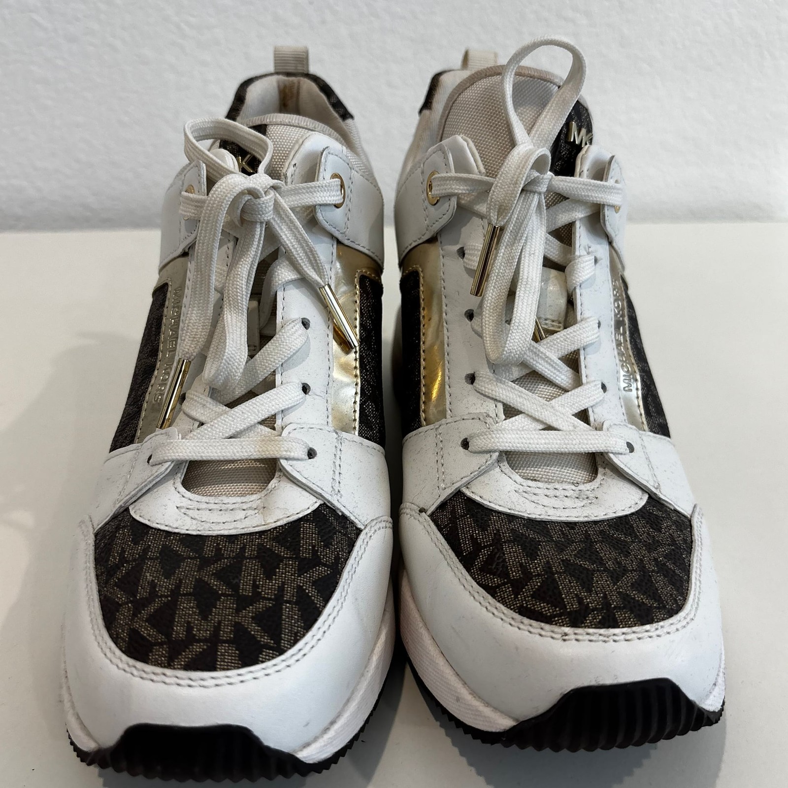 Michael Kors Georgie Trainer Wedge Sneakers in Optic White & Brown Signature Log