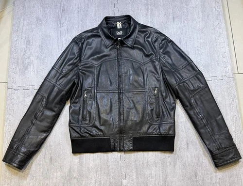 D&G Dolce & Gabbana Leather Bomber Biker Jacket Mens US48 XXL EU58 Black - product listing photo