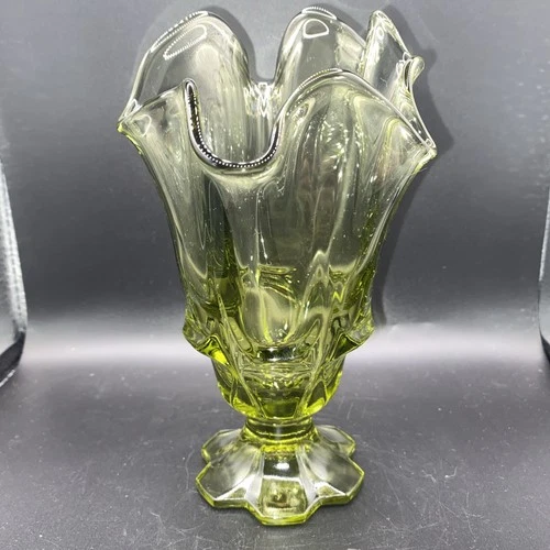 Vintage Fenton Valencia Handkerchief Vase Colonial Green Colored Glass