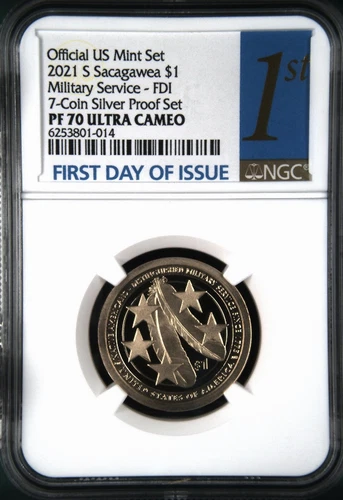 :2021 S $1 SACAGAWEA TWO FEATHERS MILITARY SERVICE FDI NGC PF70ULTRA-CAM TOP POP