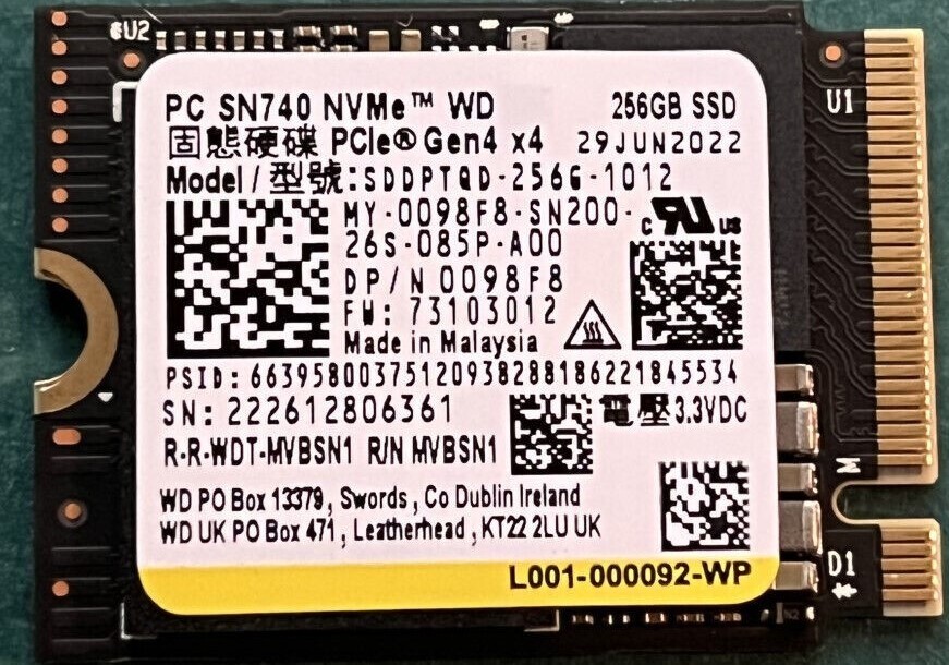 Western Digital SN740 2230 256GB NVMe M.2 PCIe Gen4 x4 Western Digital SN740 2230 256GB NVMe M.2 PCIe Gen4 x4