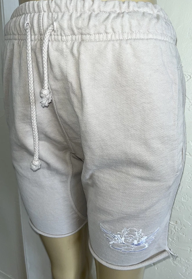 Shorts de moletom masculino deitado de dentro para fora bege algodão pesado logotipo anjo terry francês-S - Imagem 3 de 4