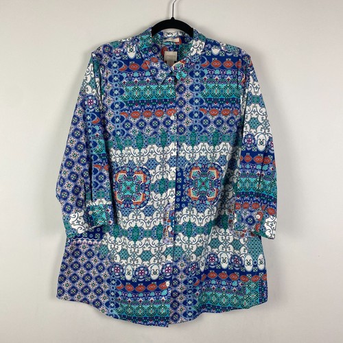 Chicos No Iron Button Up Shirt Size 3 US XL Pockets Tunic 3/4 Sleeves Stretch