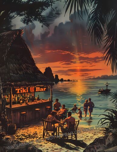 Tiki Bar plage hawaïenne spectaculaire coucher de soleil tropical imprimé art du milieu du siècle 8,5 x 11 - Photo 1 sur 2