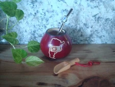 Argentinian Mate Map - Gourd- Hand Made Red - Straw, + Spoon BONUS- Yerba Mate