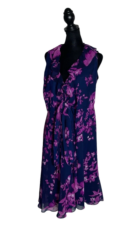 Vestido envolvente Ralph Lauren para mujer 10 azul marino púrpura floral de gasa con volantes Foto 3 de 4
