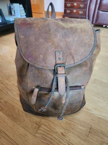 BLACK RIVET LEATHER BACKPACK*BROWN *  Awesome Strong!*Distressed Look Leather - Picture 1 of 15