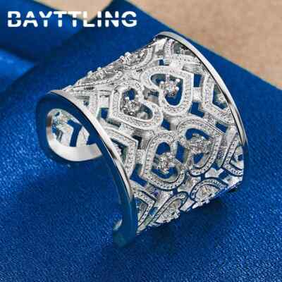 925 Sterling Silver Men Women Wide Ring Fine Open Heart Zircon