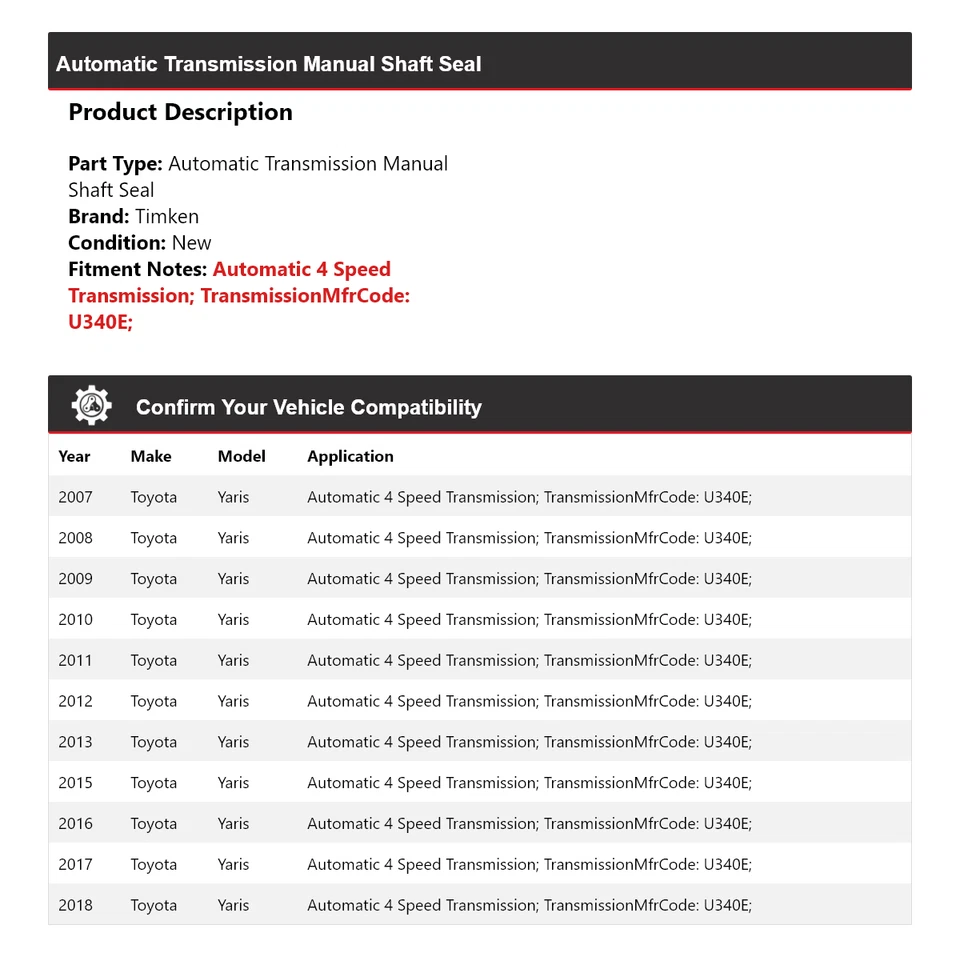 For 2007-2013, 2015-2018 Toyota Yaris Auto Trans Manual Shaft Seal Timken - Image 2 of 4