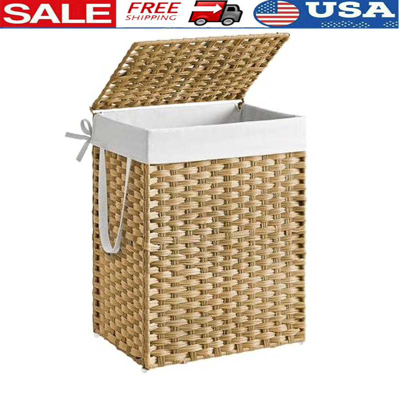 Foldable 23.8 Gal Laundry Hamper with Lid in Stylish Synthetic Rattan Design-image