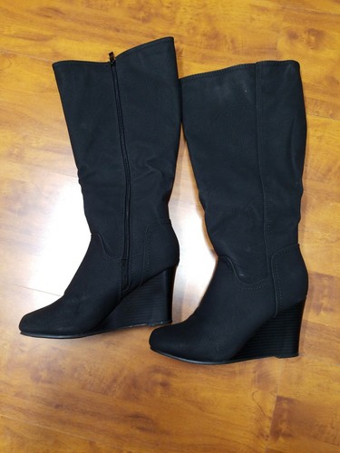 Round Toe Mid Calf Wedge Boots Black 