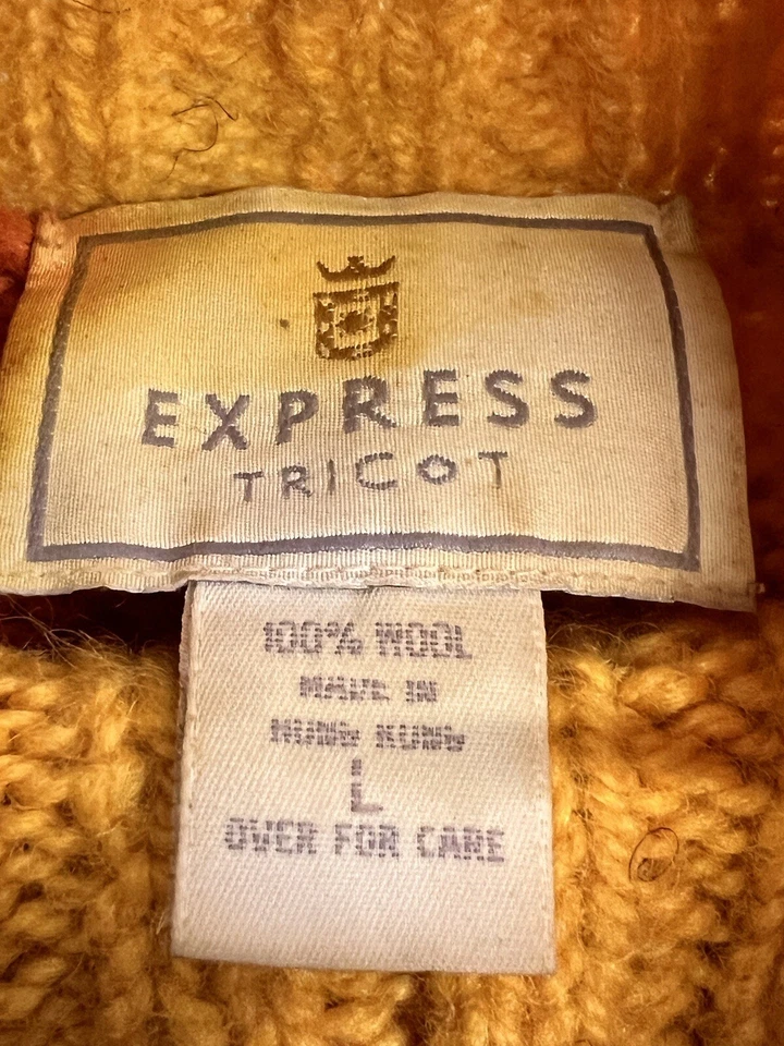 Vintage 90s Express Tricot Chunky Hand Knit Wool Snowflake Sweater Orange Yellow - Image 4 of 4