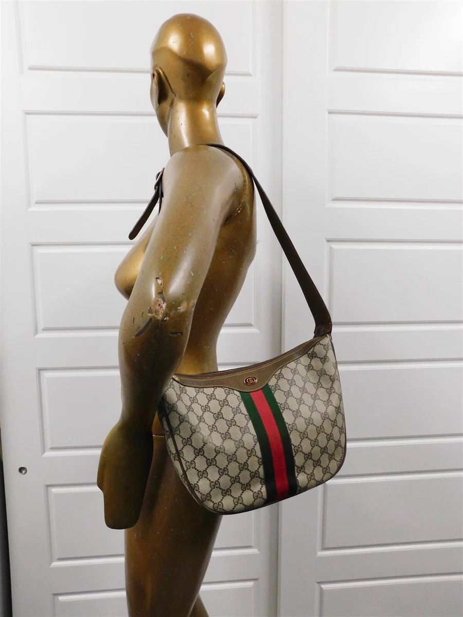 Gucci Vintage Brown Monogram Canvas Leather Red Green Stripe Large