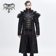 Devil Fashion Men Goth Punk Stand Collar Long Coat Warm Imitation Leather Jacket