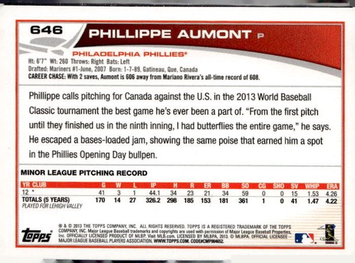 2013 Topps #646 Phillippe Aumont Silver Slate Blue Sparkle - Picture 2 of 2