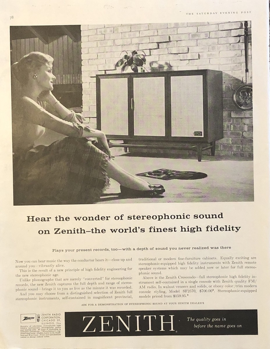1959 Zenith Crescendo Stereo PRINT AD Stereophonic Sound High