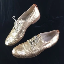 AGL Matte Gold Sequins Flat Oxfords Shoes Womens Size 38 / 7.5 US UNIQUE