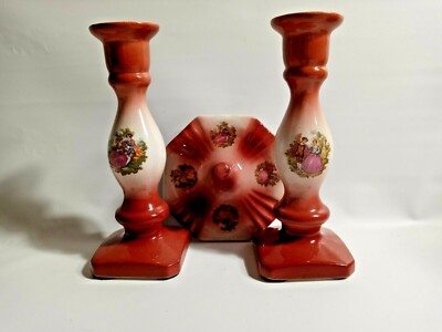 Vintage Victorian 6.5'' Candle Holders & Matching Ring Holder Made In England