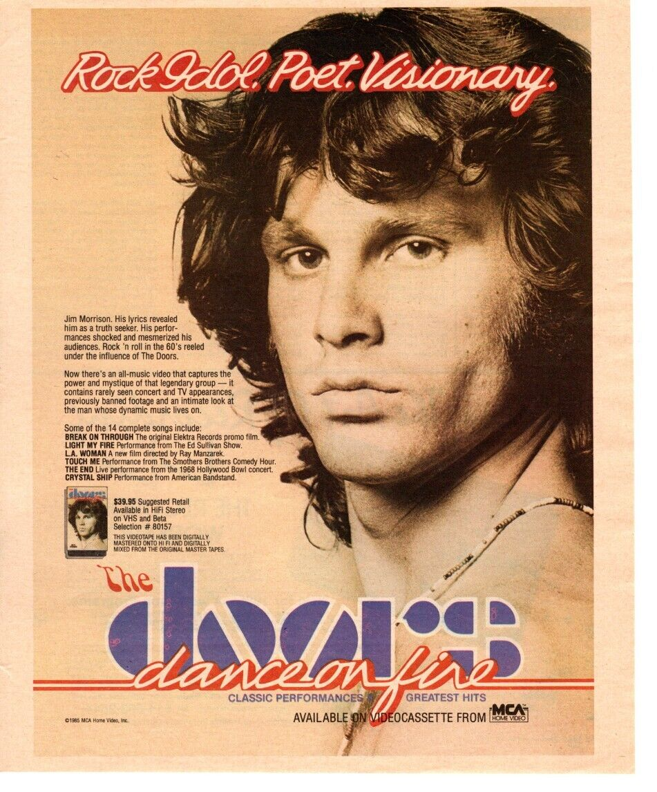 1985 JIM MORRISON / THE DOORS VHS TAPE PRINT AD, ROCK N ROLL VIDEO