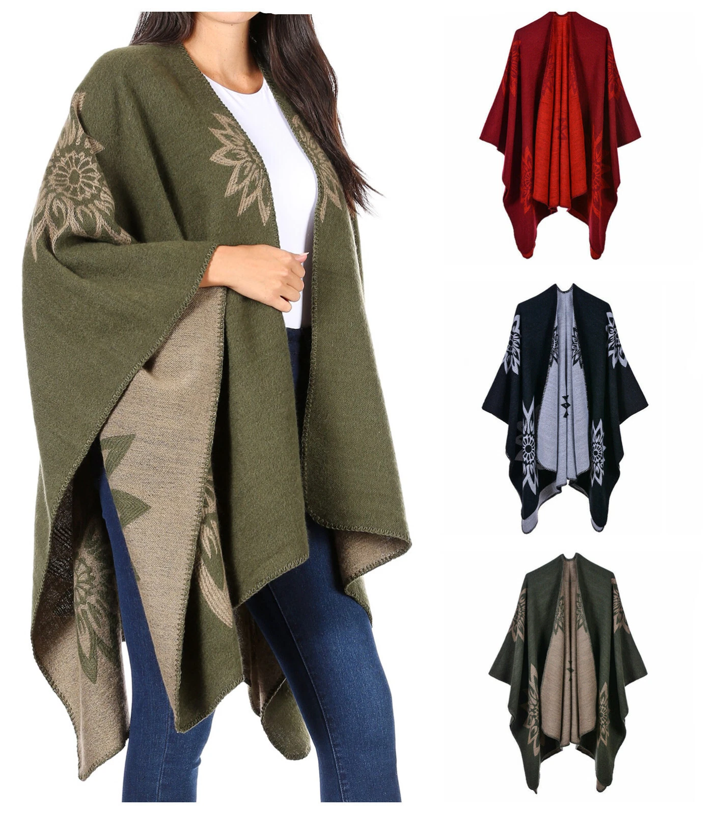 Women's Open Front Reversible Flower Print Cardigan Shawl Poncho Wrap