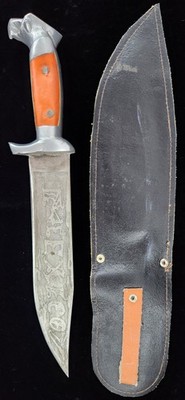 Vintage Mexico Eagle Head Bowie Knife Engraved Deer Hunt Design + Sheath GIFT
