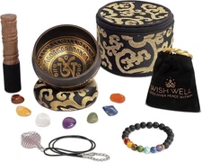 Tibetan Singing Bowl Meditation Set, 4" Sound Bowl + Case + Crystals + Bracelet