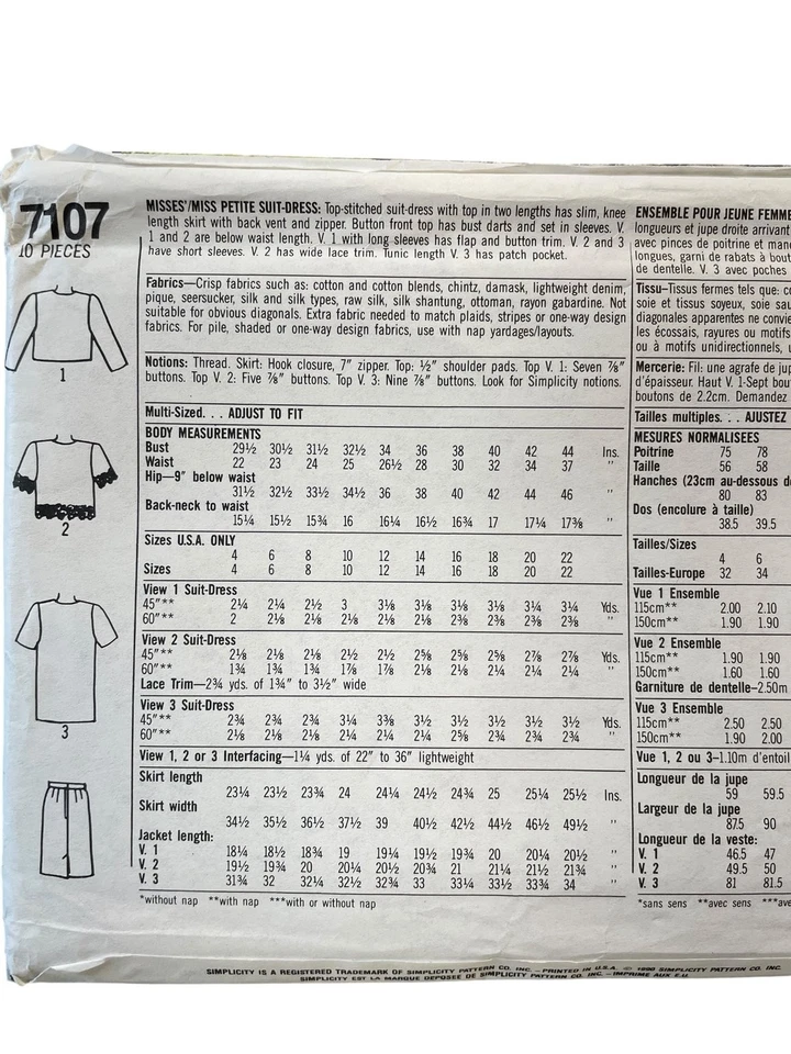 Simplicity 7107 Misses Suit-Dress Size 10-18 Vintage 1990s Sewing Pattern - Image 2 of 2