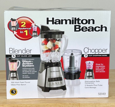 Hamilton Beach Power Elite Glass 40oz Jar Blender & 3 Cup Food Chopper Combo NEW