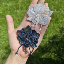 Vtg Set of 2 Handcrafted Sequin Beaded Flower Brooch/Pin White Iridescent Fringe