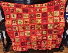 Vintage Hand Crocheted Granny Square Afghan Blanket Red  Orange 43  X 48  
