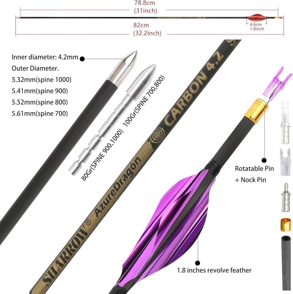 Flecha de carbono puro 31" 700-1000 pluma espiral compuesto arco objetivo de caza Foto 2 de 4