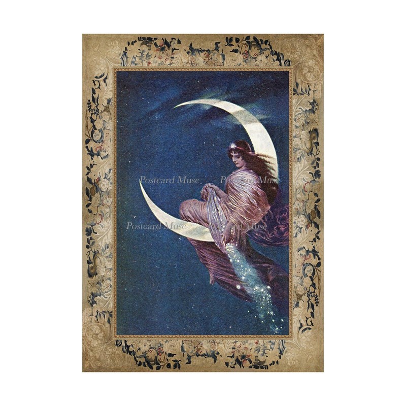 Art Nouveau Moon Fairy Antique Image Cotton Fabric Block Panel Sewing Applique