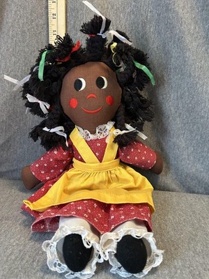 Handmade Cloth Rag Doll Brown Skin Red Dress Yellow Apron Yarn Hair Ribbons