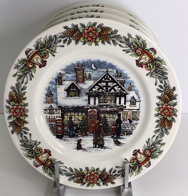 4 Royal Stafford Dinner Plates 11  Christmas Toy Shop Winter Snow NEW