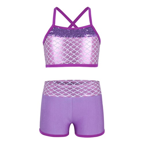 Kids Girls Dancewear Outfits Jazz Dance Gymnastics Shiny Sequins Tank Shorts - Picture 15 of 74