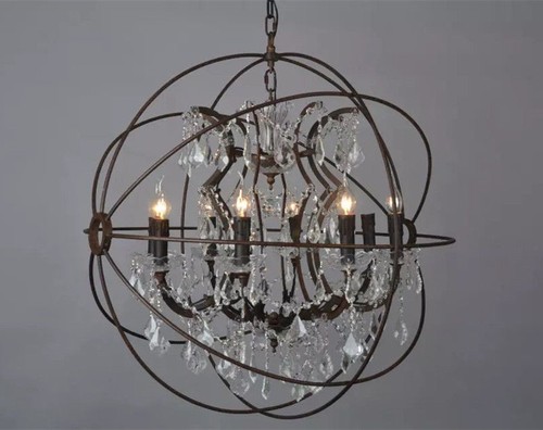 Foucault's Orb Clear K9 Crystal Chandelier Rustic Iron Globe Ceiling Lamp Light - Picture 9 of 13