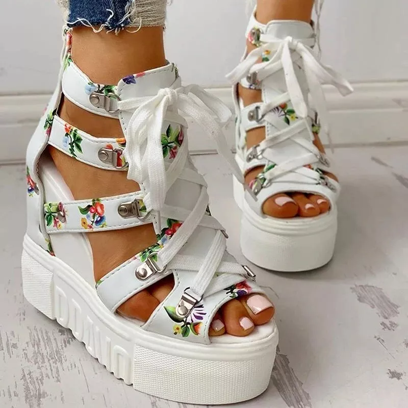 Women's Floral Print Lace Up Wedges Hippie Summer Party Cross Tie Flower  Heels