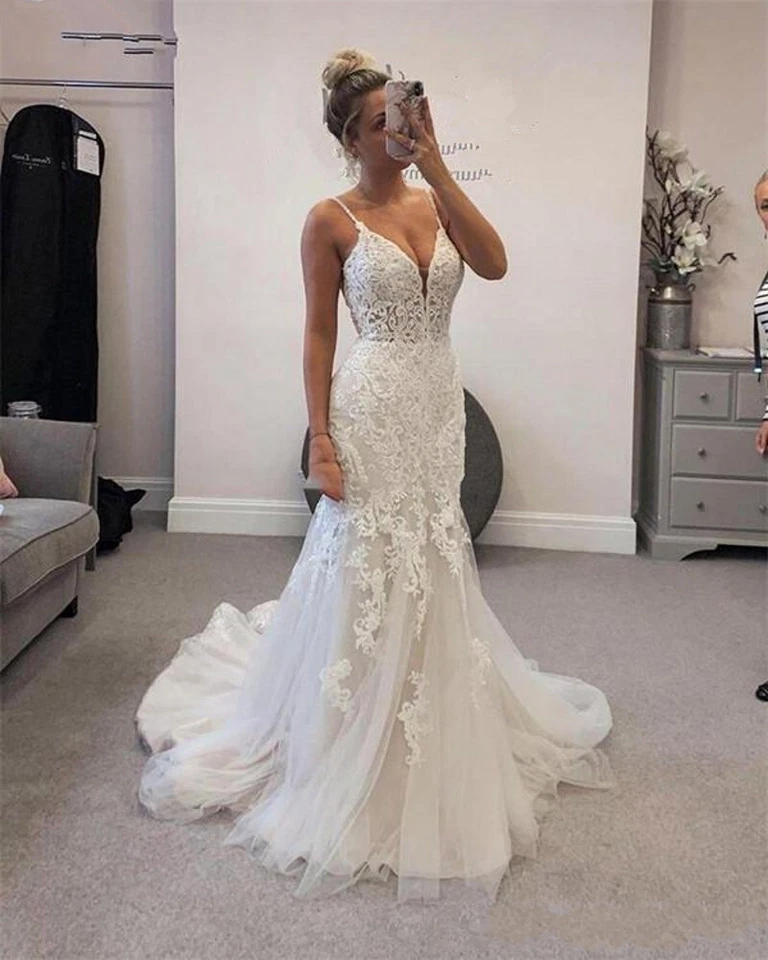 Vestidos de novia de sirena con tirantes de espagueti cuello en V sin espalda vestidos de novia talla grande Foto 2 de 4