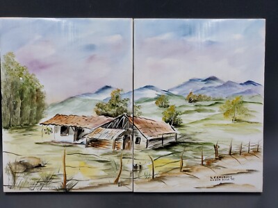 VTG Ceramic Tile Hand Painted Country Home Mountains Signed Wall Art Costa Rica