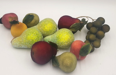Vintage Faux Sugared velvet Beaded Fuzzy Fruit Pears Apples grapes radish lot