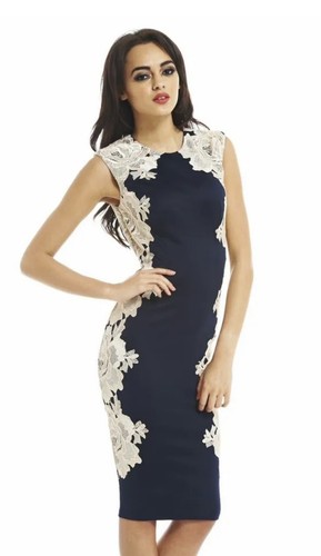 Ax Paris navy cream lace applique bodycon dress UK 10 BNWOT Wedding Cruise - 第 1/6 張圖片