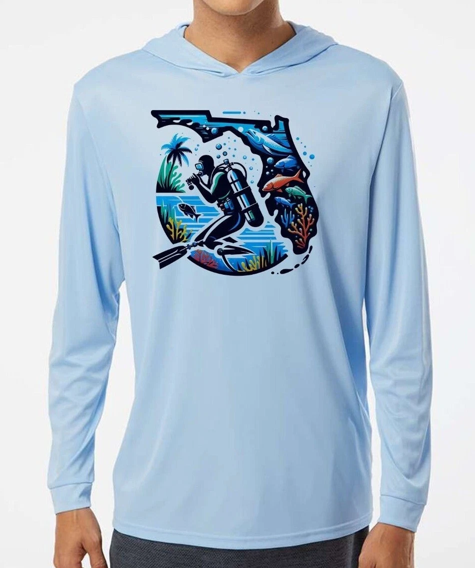 Florida Map Diving Water Sport UV UPF 50 Long Sleeve T-Shirt Hood Fishing