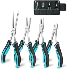 DURATECH 4PCS Long Reach Pliers Set with Pouch - Needle Nose, Blue and Black 