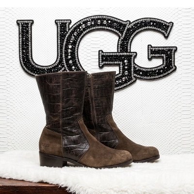  UGG  Lou Java Brown  crocodile Embossed Leather Suede Moto Boots Gorpcore 10