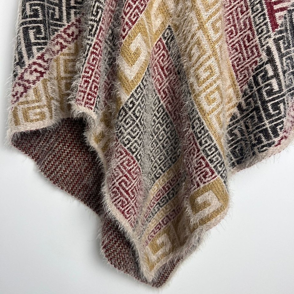 Aztec Pattern Autumnal Colors Eyelash Fabric Women's Boho Hooded Poncho ...