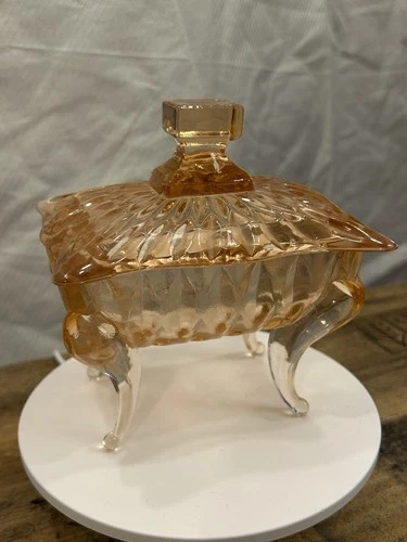 Vintage Pink Depression Glass Candy Or Trinket Dish Trinket Box 5” x 3.5” x 5”
